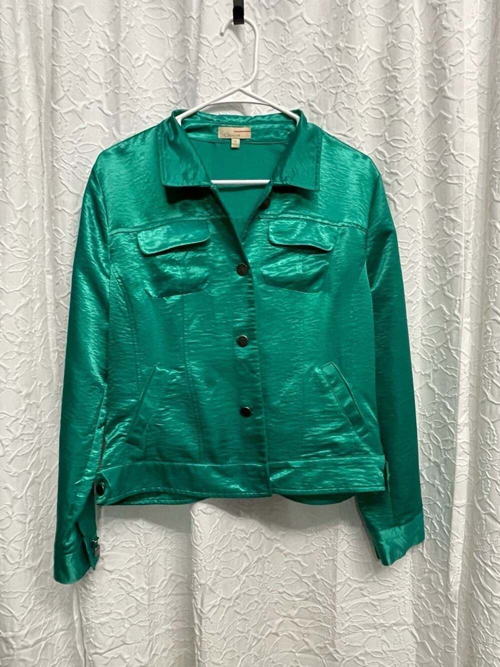 Choices Jacket Size M Green Satin Button Front Utility Chic